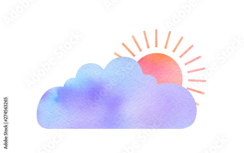 Hand drawn watercolor element - the sun behind the cloud for making web icons, weather style patterns