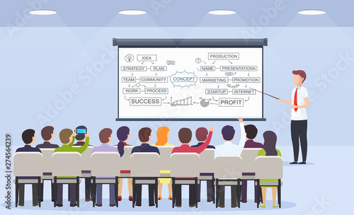 Business person teacher teaches a lecture for business strategy, e-commerce and marketing to a seated audience. Business presentation, motivation for crowd of people.
