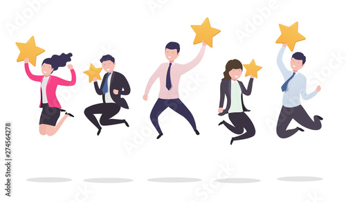 Different people in jump hold the stars, ratings and customer reviews. Concept for landing page, feedback rating.
