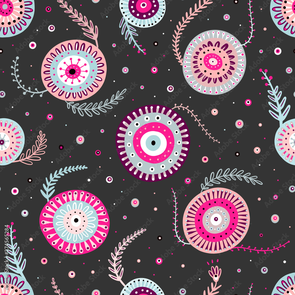 Ornamental colourful circles with leaves and dots on grey background Ornamental colourful circles with leaves and dots on grey background