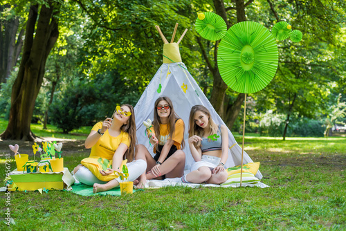 Three nice teen girls having fun in the park. Excellent sunny weather. Summer concept. Cactus party, picnic, day. tent, children's house wigwam in park.