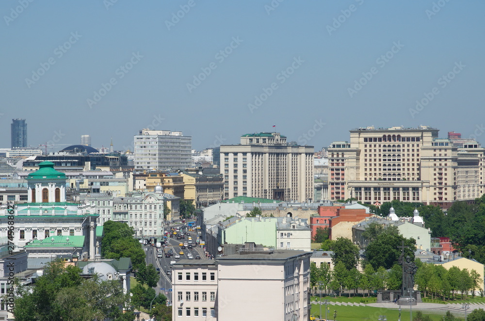 Moscow, Russia - June 4, 2019: Summer view of Moscow buildings from the observation deck of the Cathedral of Christ the Savior