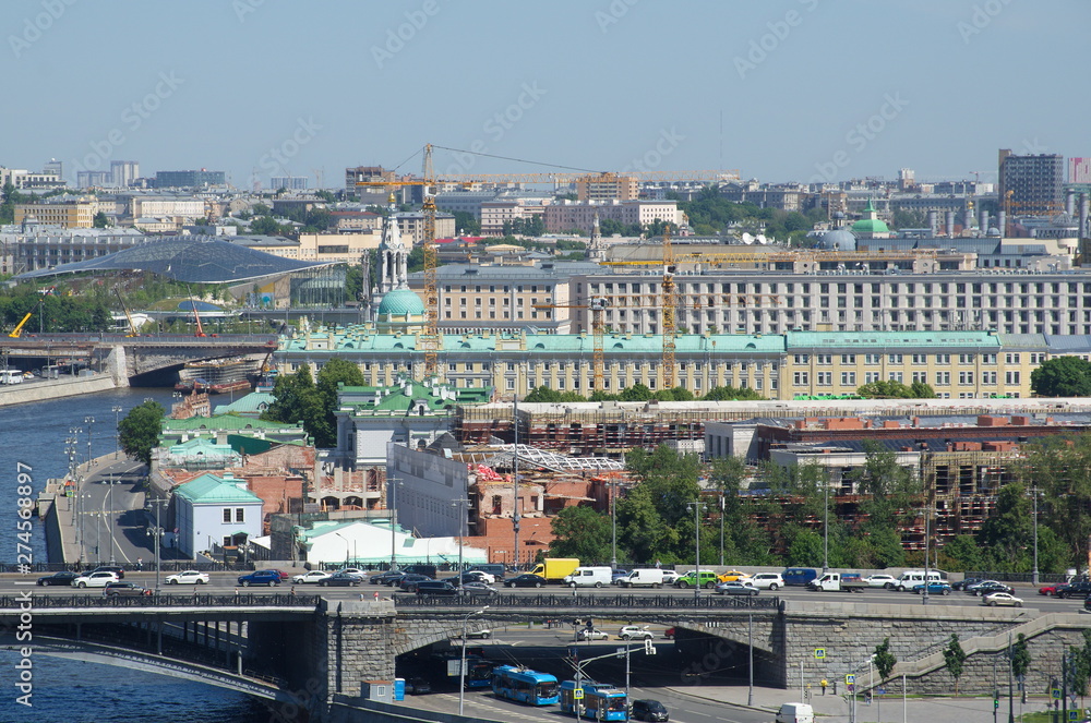 Summer view of Serafimovich street and Sofiyskaya embankment in Moscow, Russia