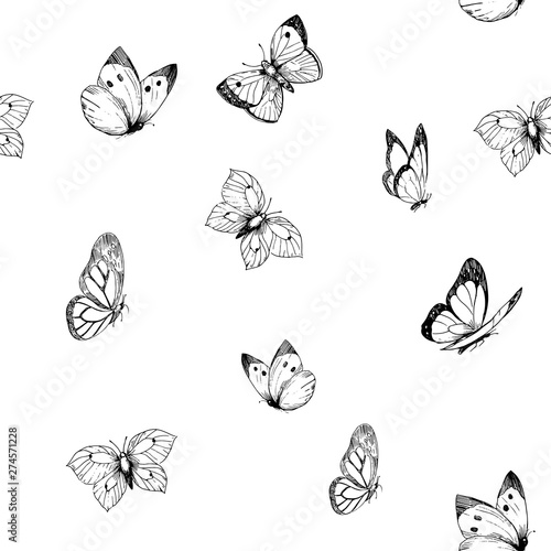 Seamless patterns with outlines of butterflies. Vector illustration