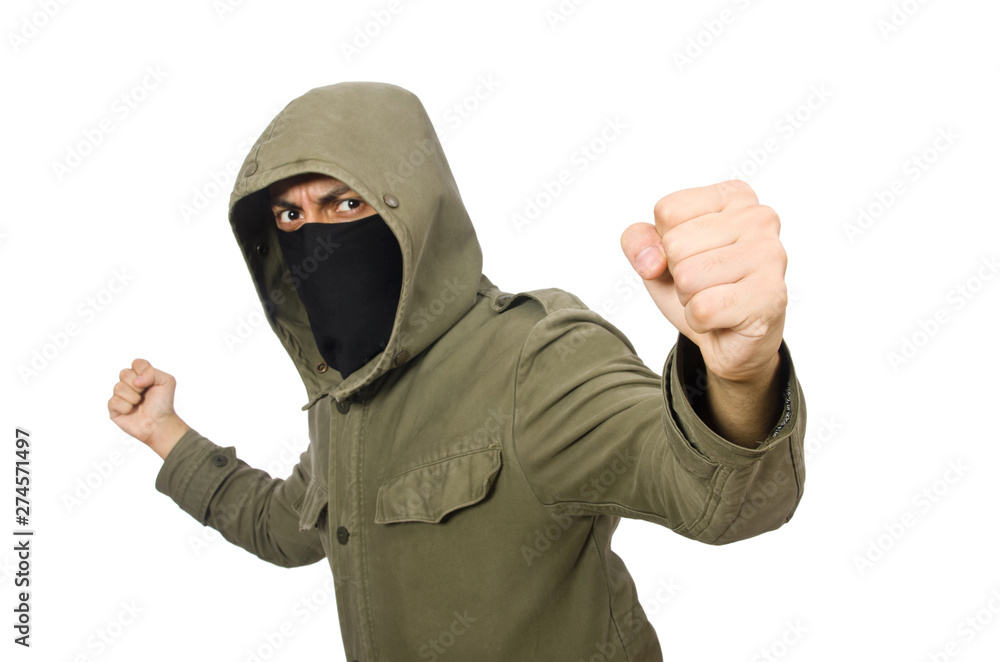 Criminal wearing mask isolated on white Criminal wearing mask isolated on white