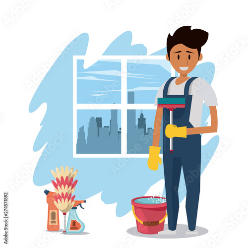 Cleaner with cleaning products housekeeping service