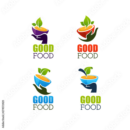 vector collection of bowls full of hot, home made soup and human hand