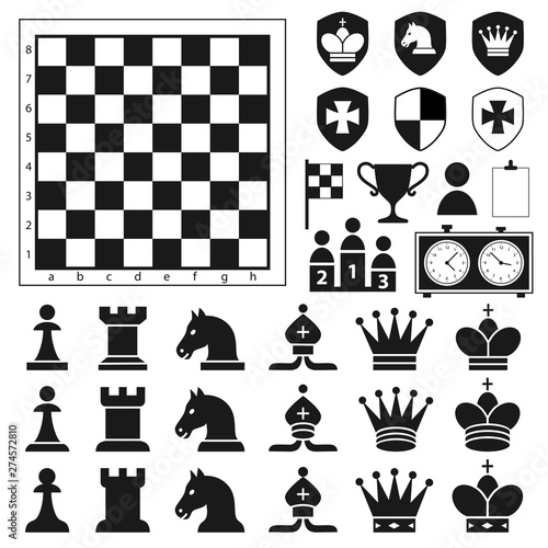 Set of black chess pieces icons in flat style on the white background. Vector illustration