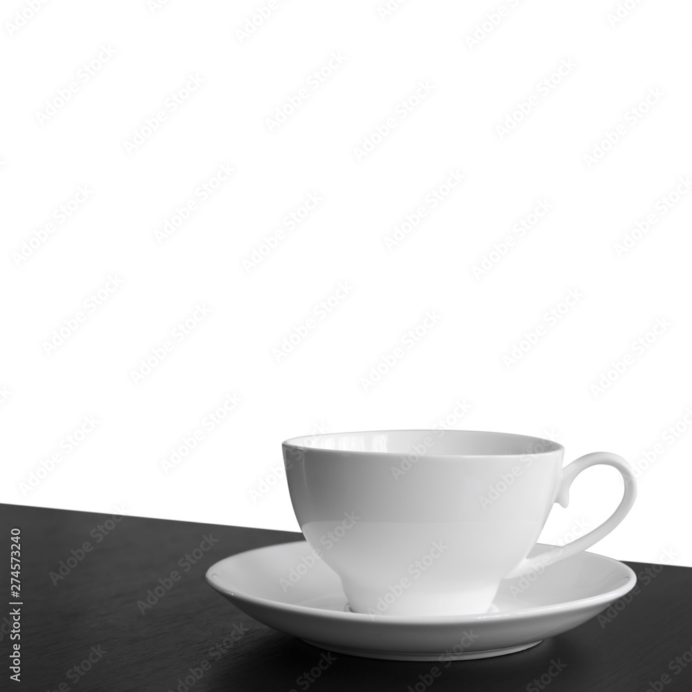 empty white cup for hot coffee or tea and cocoa drink on black or dark wood table for wake up or breakfast in morning and freshness to work office on white background isolated included clipping path