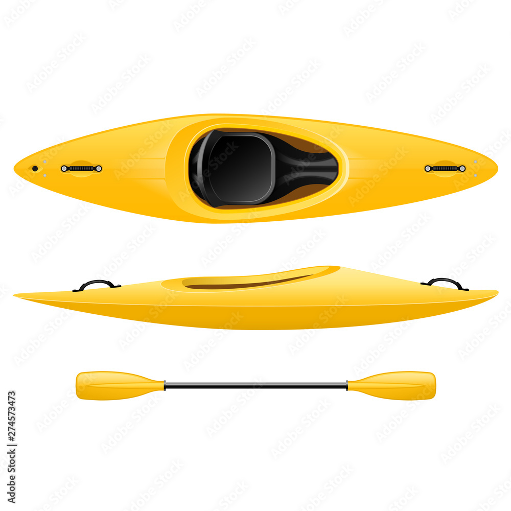 Plastic kayak for fishing and tourism, yellow canoe top and side view