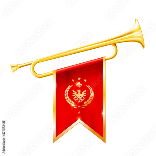 Antique royal horn - trumpet with triumphant flag, triumph concept