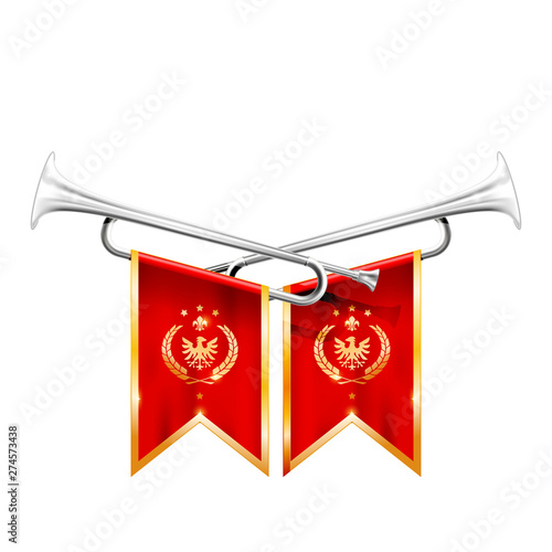 Two crossed royal trumpets, silver horn, triumph and fanfare