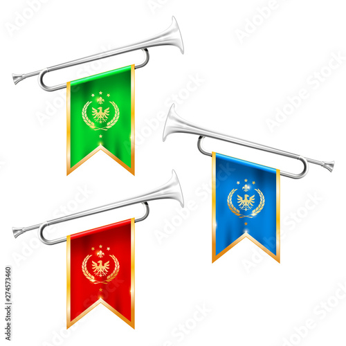 Silver trumpets with royal symbolics - fanfare for victorious, brass instruments