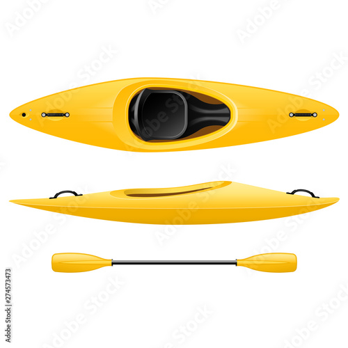 Plastic kayak for fishing and tourism, yellow canoe top and side view