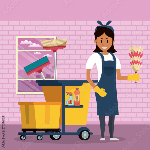 Cleaner with cleaning products housekeeping service