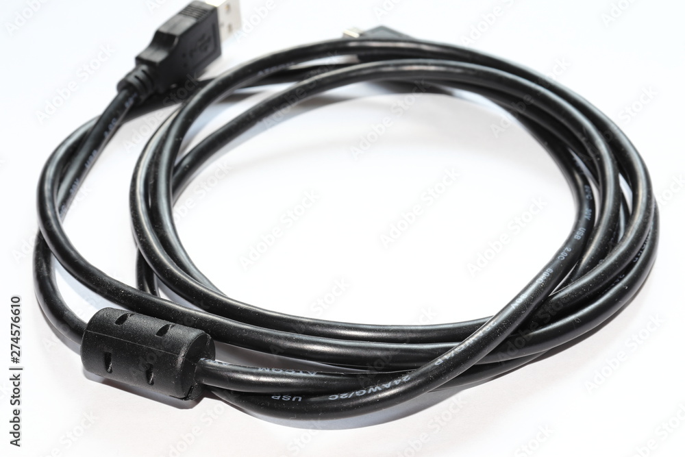 Black USB cable isolated on white background Black USB cable isolated on white background