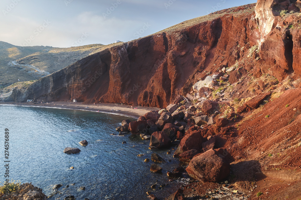 Famous Red Beach, with volcanic sand  and  rocky shoreline on Santorini island ,  Akrotiri, South Aegean, Greece