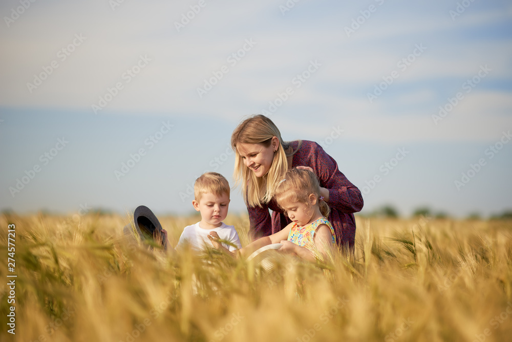 Family values. Happy mother and her children spending time together in sunny field. Mom hugging and loving her little kids. Care concept Family values. Happy mother and her children spending time together in sunny field. Mom hugging and loving her little kids. Care concept