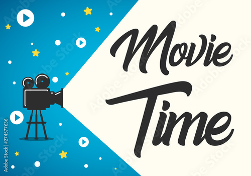 Lovely movie time concept layout with film projector and text area with sample title in retro western font. Cool cinema poster, leaflet or banner template with detailed retro projector with film reels