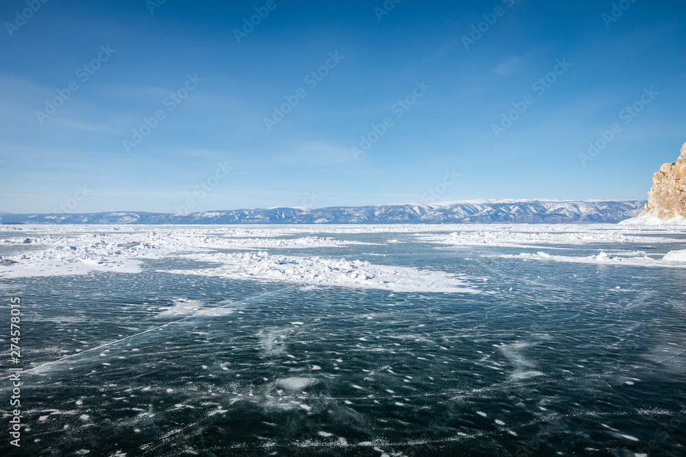 Cracks on the ice at the Baikal lake in Russia - Landscape