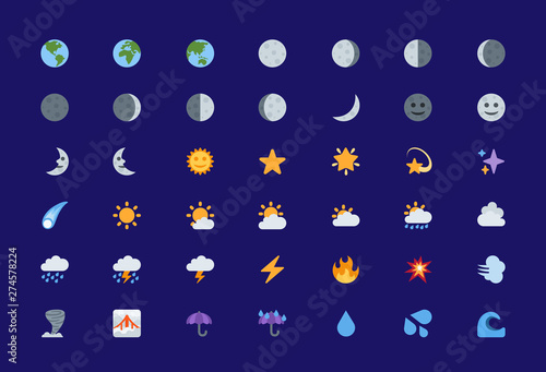 Colorful weather, climate, forecast, stars icons. Sky, clouds, meteorology vector illustration emojis, emoticons, symbols set, collection, group.