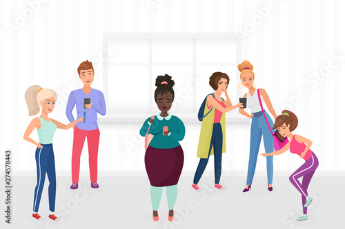 Group of athletic students people bullying, laughing and shooting plus size fat black woman vector illustration.