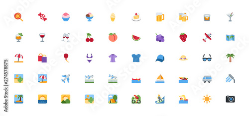 All type of summer travel icons, symbols, emojis vector illustration beach, surfing, activities, fruits, foods, drinks emoticons set, collection pack