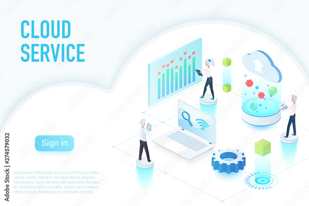 Inside work process of cloud service, big data website page isometric vector illustration. Inside work process of cloud service, big data website page isometric vector illustration.