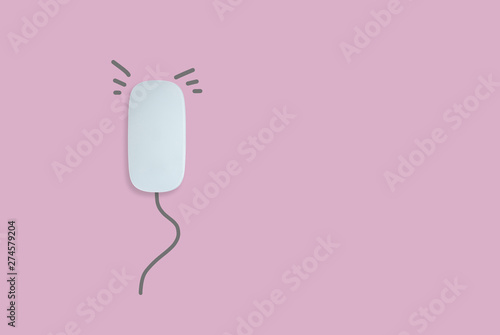 Minimal concept for white computer mouse with lined pattern as a rat on the pink isolate background