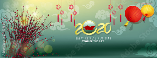Happy Chinese New Year 2020 year of the rat,Chinese characters mean Happy New Year, wealthy. lunar new year 2020.