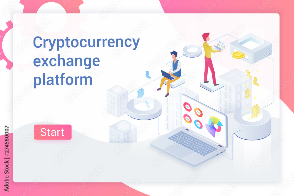 Tiny people using laptops to trade bitcoins online on starting page of cryptocurrency exchange platform website isometric vector illustration. Tiny people using laptops to trade bitcoins online on starting page of cryptocurrency exchange platform website isometric vector illustration.