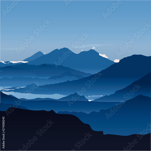 Ilustración de montañas y lago. Diseño plano de paisaje con degradados de colores. 
