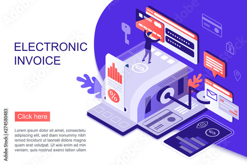 Isometric person working with virtual money and bills on website dedicated to electronic invoice vector illustration.