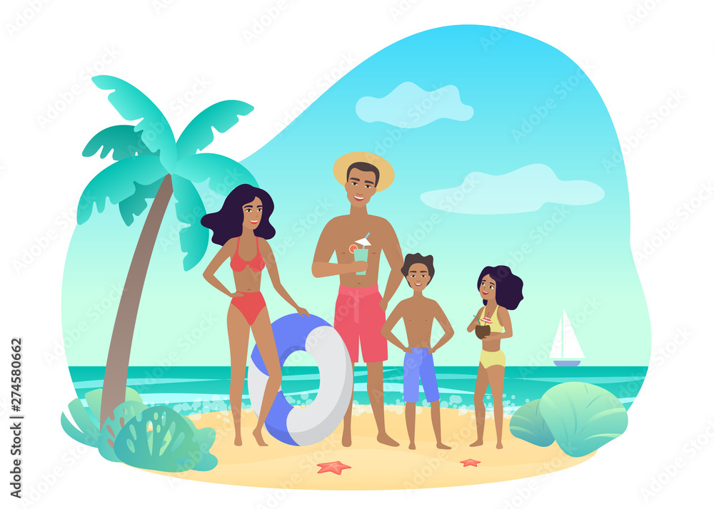 Cheerful parents and kids in swimwear standing near palm on sea shore while relaxing on resort together vector illustration.