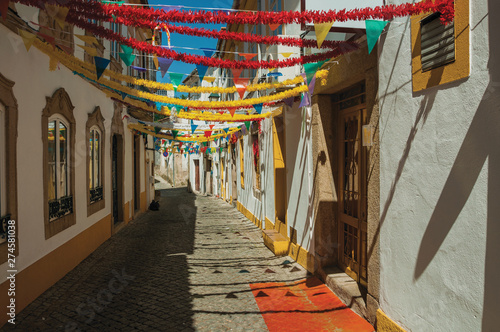 Alley with festive colorful decoration and old houses © Celli07
