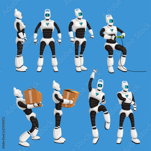 robot in different poses in set on blue background