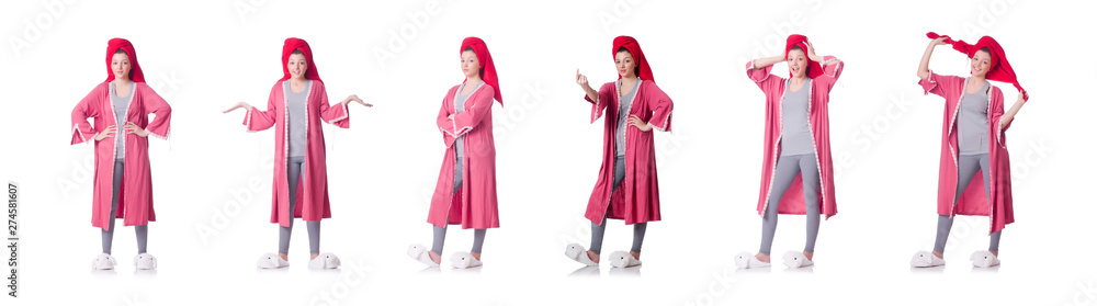 Housewife after taking the shower on white Housewife after taking the shower on white