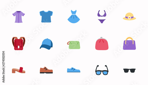 Summer wears, dresses, sunglasses, bikini, bag icons set. Travel clothing, shopping symbols vector illustration emojis, emoticons
