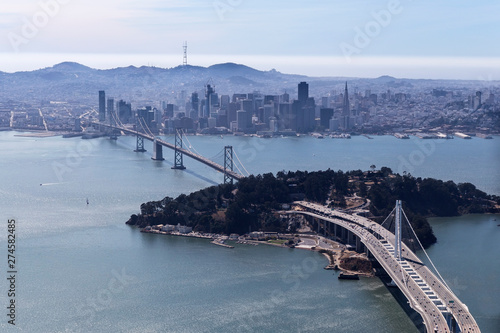 Afternoon aerial view of the San Francisco and Oakland bay bridge in California. 