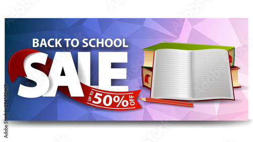 Back to school sale, horizontal discount web banner for your website with school textbooks and notebook