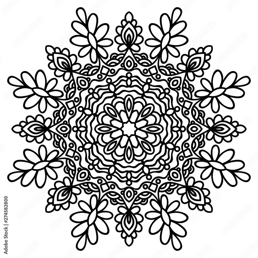 Fototapeta premium Black outline flower mandala. Vintage decorative element. Ornamental round doodle flower isolated on white background. Geometric circle element. Vector illustration.