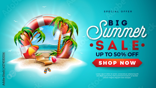 Summer Sale Design with Lifebelt and Exotic Palm Trees on Tropical Island Background. Vector Special Offer Illustration with Flower, Beach Ball, Sunshade and Blue Ocean Landscape for Coupon, Voucher
