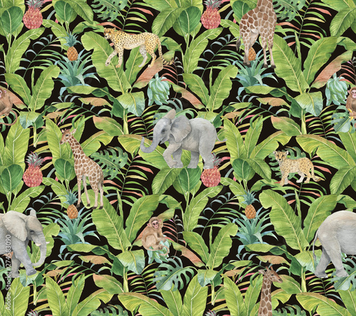 Hand drawn colorful seamless pattern with watercolor wild exotic animals, palm leaves, exotic plants, pineapples and banana leaves. Summer repeated background