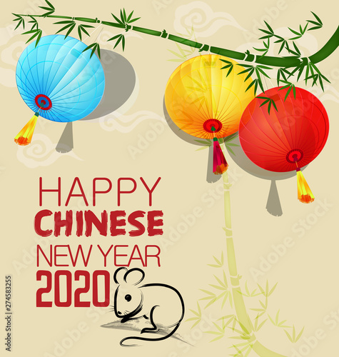 Happy Chinese New Year 2020 year of the rat,Chinese characters mean Happy New Year, wealthy. lunar new year 2020.