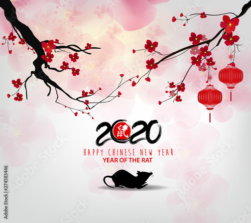 Happy Chinese New Year 2020 year of the rat,Chinese characters mean Happy New Year, wealthy. lunar new year 2020.