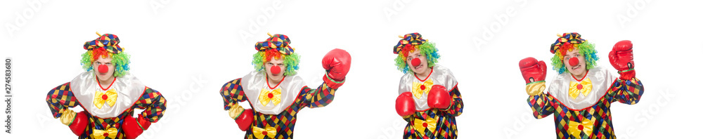 Clown with boxing gloves isolated on white Clown with boxing gloves isolated on white