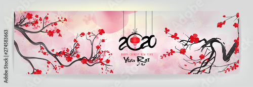 Happy Chinese New Year 2020 year of the rat,Chinese characters mean Happy New Year, wealthy. lunar new year 2020.