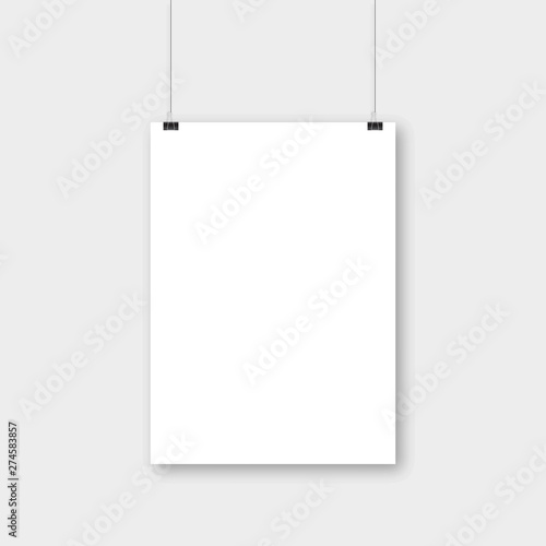 Empty white A4 sized vector paper mockup hanging with paper clips. Realistic vertical poster mock-up isolated on gray background. Show your flyers, brochures, headlines etc. EPS10.