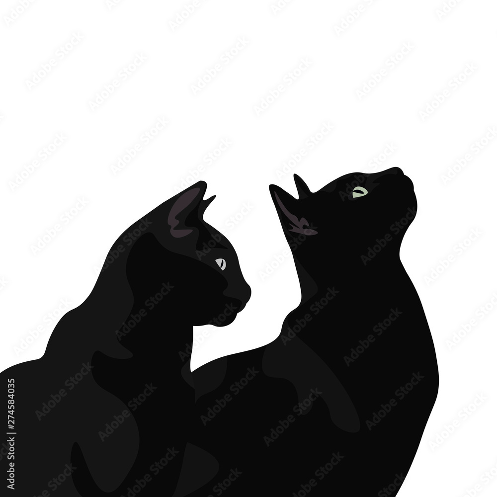Ilustración de gato de pelo negro. Diseño plano de felino domestico, silueta de animal observando. Ilustración de gato de pelo negro. Diseño plano de felino domestico, silueta de animal observando.