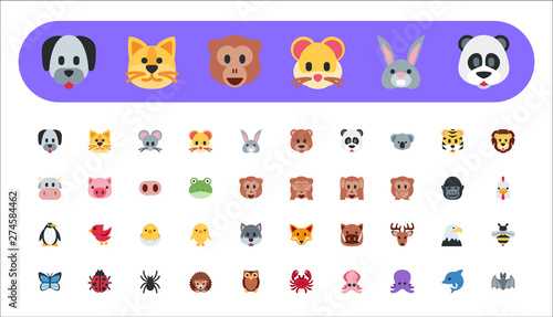 Set of animal faces, face emojis, stickers, emoticons. Vector illustration symbol, flat style icons.